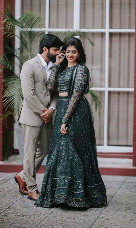 Couple Dress Matching Indian Wedding, Engagement Couple Dress, Kerala Engagement Dress, Engagement Portraits Poses, Indian Wedding Reception Outfits, Engagement Dress For Bride, Wedding Outfits For Groom, Indian Wedding Poses, Bride Photos Poses