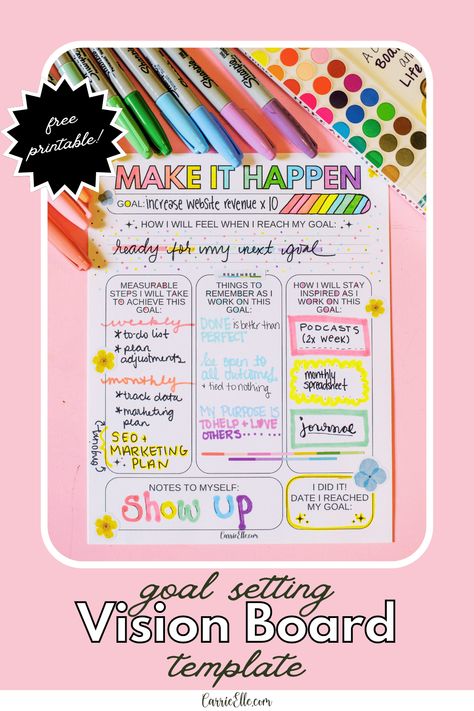 Free Printable Goal Setting Vision Board Template - Carrie Elle Vision Board Printables Free 2024, 2023 Goals Vision Board Template, Vision Board Template Free Printable, Vision Board Examples Goal Settings, Vision Board Topics, Vision Board Planner Free Printables, Dream Board Diy, Printable Vision Board Template, Creating A Vision Board Goal Settings