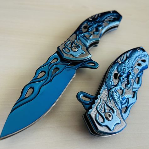 "* 8.5\" Luxury Blue Dragon Karambit Tactical Spring Assisted Folding Pocket Knife. Hunting, Camping, Cute Knife. Cool Knife. *Great Gift For: excellent husband wife gift Wedding gift Father's Day gift Mother's Day gift Birthday Gift Groomsmen gift Christmas gift Luxury Gifts For Men Anniversary gift for husband *Handle Detail: 5\" Blue Titanium Coated Stainless Steel Handle with Dragon Engraving. *Blade Detail: 3.5\" Blue Titanium Coated Stainless Steel Karambit Blade with Dragon Skin Engraving. *Overall: 8.5 inches Spring Assisted Open Blade Folding Pocket Knife with Pocket Clip. *Welcome to Visit Our Etsy Store for More Pocket Knife Gift: https://www.etsy.com/shop/BladeDeals *Feedback, Disclaimer & Age Restrictions: Request to all the buyers, we strive for positive Feedback on all trans Beautiful Pocket Knife, Dragon Engraving, Cute Knife, Cool Knife, Gifts For Men Anniversary, Knife Aesthetic, Luxury Gifts For Men, Cute Items, Dragon Skin