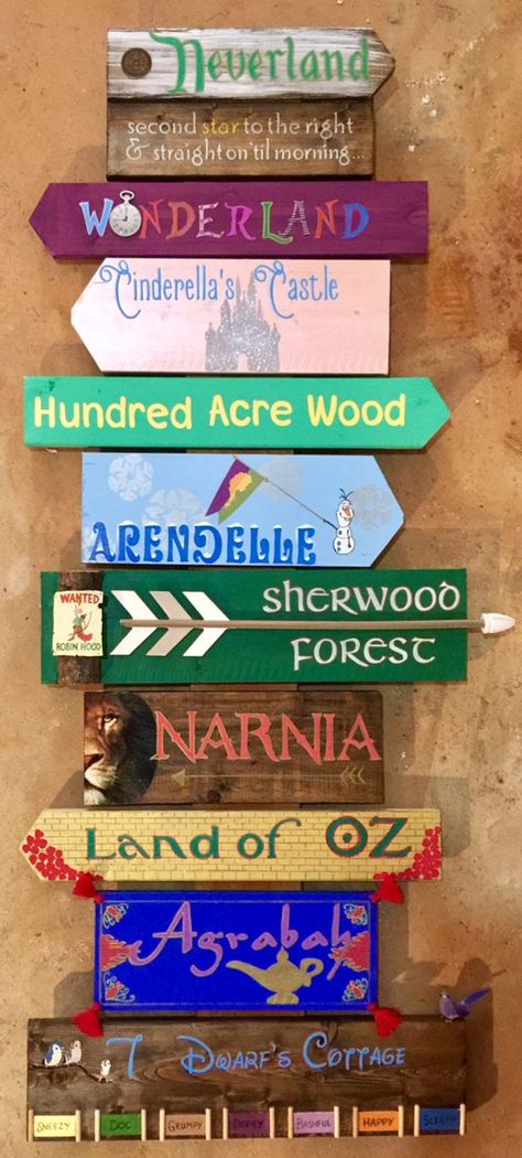 Fantasy Fictional Fairytale Literary Destinations Directional | Etsy Bühnen Design, Rock Projects, Disney Classroom, Fairytale Party, Driftwood Beach, Directional Signs, Custom Hand Painted, School Library, Classroom Themes