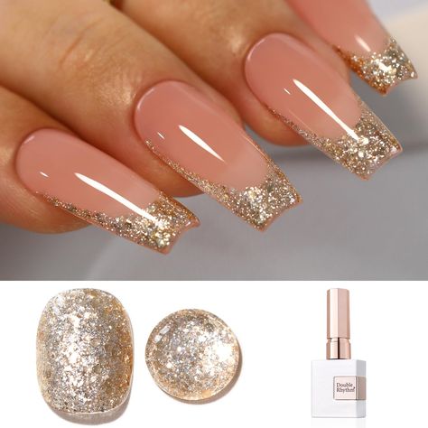 PRICES MAY VARY. All SEASON GEL POLISH: 1 pc 15ml glitter nail polish, need to be cured under UV or LED Lamp for 60-120s. Must apply with Base Gel and Top Coat. Please shake the bottle or warm it with hot water before use, to acheive a better effect. HIGH DURABILITY: Easy to apply even for the beginner, effect last long for 28 days and bring you high gloss shine under proper application. It is an ESSENTIAL for every nail art lover! HEALTHY FORMULA: 9 toxin free ingredient makes it a healthy nail Sparkling Gold Nails, Gold Sparkling Nails, Gold Party Nails, Champagne Nails Wedding, Glittery French Tip Nails, Glitter Gold Nails, Nude Sparkly Nails, Gold Glittery Nails, Serenity Nails