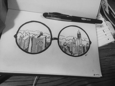 Glasses Reflection Drawing, Black Pen Sketch, Goggles Drawing, Black Pen Sketches, How To Draw Glasses, Reflection Drawing, Glasses Drawing, Drawing City, Pen Sketches