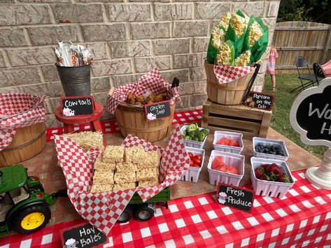 Ranch Party Theme Farm Birthday, Second Birthday Barnyard Theme, Barnyard Birthday Party Games, Barnyard Brunch Farm Party, Farmyard Party Food, Farmyard Birthday Party Food, Three I E I O Birthday Party, Farm Theme Table Decorations, Farm Fresh Baby Shower Theme