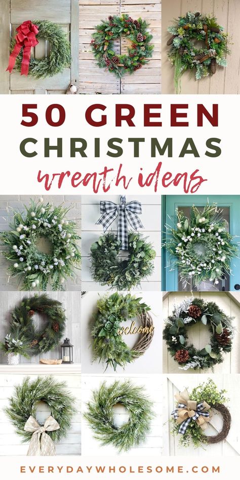 Christmas Wreath Ideas For Outside Windows, Fresh Christmas Wreaths For Front Door, Green Wreaths For Front Door Christmas, Diy Green Christmas Wreath, Christmas Pine Wreaths Diy, Christmas Wreaths Diy Easy Wire Hangers, Christmas Greenery Wreath Ideas, Evergreen Wreath With Ribbon, Green Winter Wreath