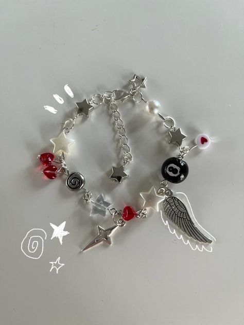 Beaded star themed Red, Black and white bracelet with random pearls and beads Mha Jewelry, Red And White Bracelets, Red And Black Bracelets, Emo Jewelry, Beaded Star, Red Beaded Bracelet, White Bracelet, Collage Phone Case, White Bracelets