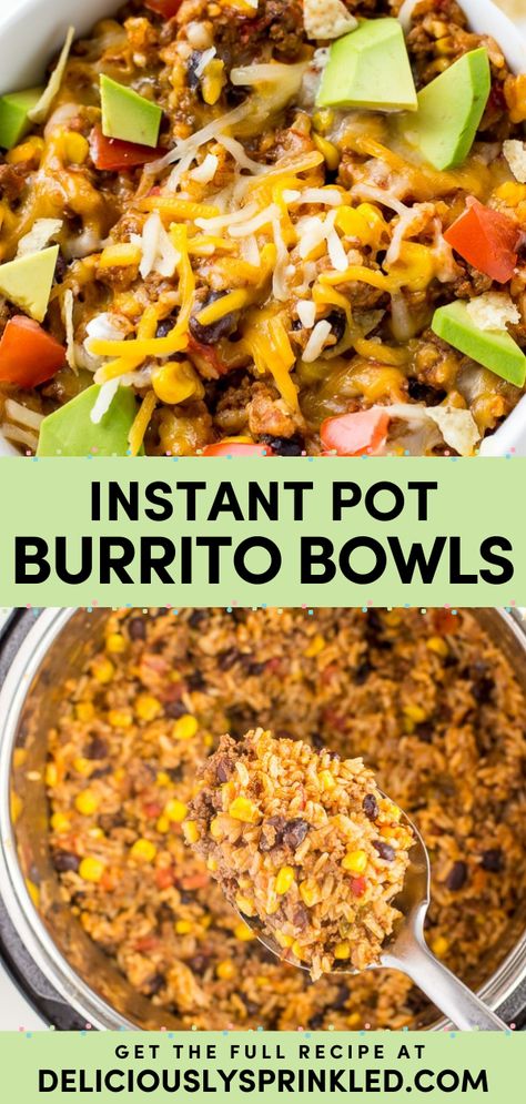 A ground beef recipe for dinner in the pressure cooker! You'll love these Instant Pot Burrito Bowls. They're an easy weeknight meal with your favorite burrito flavors minus the tortilla! They're also great to make ahead for a simple lunch idea! Instant Pot Burrito, Pressure Cooker Recipes Chicken, Beef Recipe Instant Pot, Burrito Bowls Recipe, Instant Pot Pasta Recipe, Healthy Beef, Burrito Bowls, American Recipes, Dinner With Ground Beef