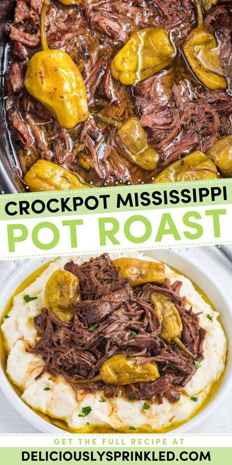 Get ready for this Crockpot Mississippi Pot Roast! Ultra tender, amazingly juicy, and bursting with flavor, this slow cooker pot roast is a meat main dish you'll love to have again and again. Save this chuck roast recipe and try this easy dinner idea! Pot Roast Crockpot, Chuck Roast Crock Pot Recipes, Roast Crockpot, Crockpot Pot Roast, Crockpot Roast Recipes, Pot Roast Crock Pot Recipes, Chuck Roast Recipes, Rib Roast Recipe, Mississippi Pot Roast