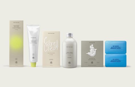 Welcome to Form Factor, our column exploring the intersection of packaging, branding, and culture. When skincare brand Soft Services launched in 2021, it did so with an unorthodox approach to beauty packaging. Founded by Glossier alums Annie Kreighbaum and Rebecca Zhou, the line of “body care” pr Soft Services, Henry Styles, Skincare Packaging, Body Acne, Graphic Ideas, Beauty Packaging, 로고 디자인, Brand Design, Beauty Brand