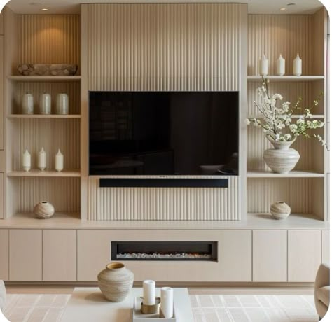 Living Room Inspiration Media Wall, White Media Unit, Unsymmetrical Tv Wall, Tv Wall Design Coastal, Television Wall Ideas Modern, Build In Tv Cabinet Wall Units Modern, Transitional Living Room Tv Wall, Wall Cabinetry Living Room, Asymmetric Tv Wall