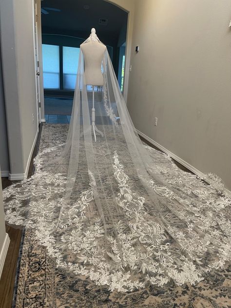 Gorgeous wedding veil  Cathedral length 10 feet  Silver comb  Lace with sequins  Light ivory Long Veil Aesthetic, Long White Wedding Veil, Long Wedding Vails, Wedding Veils Ideas, Wedding Veil Cathedral Length, Lace Veil Cathedral, Long Wedding Veils Lace, Bridal Veil Ideas, Lace Wedding Dress With Veil