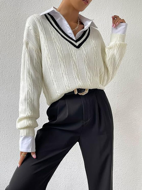 Verdusa Women's V Neck Striped Drop Shoulder Long Sleeve Sweater Knit Tops Pullover Stripe Sweater Outfit, Vest Outfits Aesthetic, Business Casual Sweater, Striped Sweater Outfit, Winter Care, Sweater Refashion, Sweater Outfit, Knit Tops, Vest Outfits