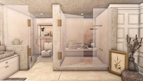 Bloxburg Luxury Bathroom, Big Bloxburg Bathroom, Bloxburg Fancy Bathroom, Blox Burg Bathroom Ideas, Bloxburg White Modern Mansion, Bloxburg Sink Ideas, Bloxburg Dollhouse, Bloxburg Vanity Ideas Aesthetic, Yoga Room Bloxburg