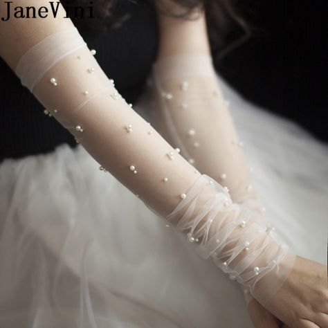 JaneVini 50CM Bridal Sheer Tulle Gloves DIY Long Wedding Gloves for Bride Ivory Pearls Decoration Fingerless Bridal Party Gloves Wedding Gloves Long, Gloves With Pearls, Bride Gloves, Ivory Gloves, White Lace Gloves, Gloves Aesthetic, Gloves Diy, Sheer Gloves, Tulle Gloves