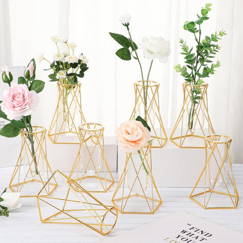 Novel Vase Set: you will get 8 sets of gold flower vases for centerpieces with metal rack stands, sufficient quantity to hold your lovely flowers and plants, adding more freshness to your home and office, also delicate decors for your places Sukkah Ideas, Geometric Centerpiece, Geometric Vase, Glass Vases Centerpieces, Test Tube Vase, Vase Modern, Geometric Vases, Bridal Shower Centerpieces, Gold Vases