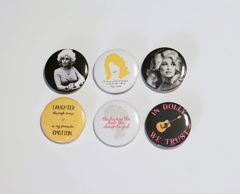 "The queen of country music!  1.25\" Dolly Parton pinback button set. Can be purchased individually or as a set. Images include black and white image from 9 to 5, It takes a lot of money to look this cheap, black and white 70s Dolly, Laughter though tears is my favorite emotion, the higher the hair the closer to god, In Dolly we trust.  *Colors may vary between your computer and the actual button* Pinback buttons are the perfect accessory for bookbags, purses, or jackets!  All items are packaged In Dolly We Trust, Cowboy Quotes, Closer To God, 9 To 5, Pinback Button, Bubble Mailer, White Image, Dolly Parton, Pinback Buttons