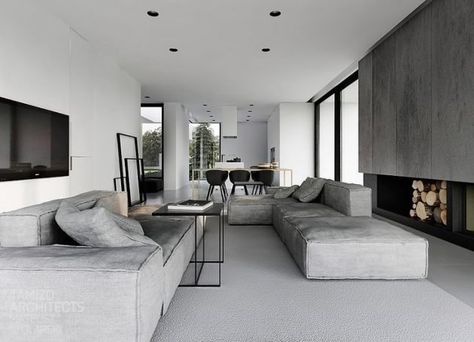 16 Fascinating Grey Interiors That Will Astonish You Casa Open Space, Tamizo Architects, Interior Minimalista, Living Comedor, Grey Home Decor, Gray Interior, Family Room Design, Minimalist Living, Minimalist Interior