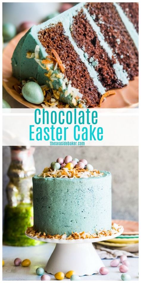 This showstopping chocolate Easter cake is the perfect centerpiece for your Easter table.  The decadent rich and moist chocolate layer cake is enveloped by a gorgeous robin's egg frosting, flecked with bits of melted chocolate and topped with candy eggs and a shredded coconut nest. #easter #chocolatecake #easterrecipe Chocolate Easter Cake, Candy Egg, Easter Desserts Recipes, Chocolate Layer Cake, Easter Cake, Melted Chocolate, Easter Chocolate, Easter Dessert, Pumpkin Cake