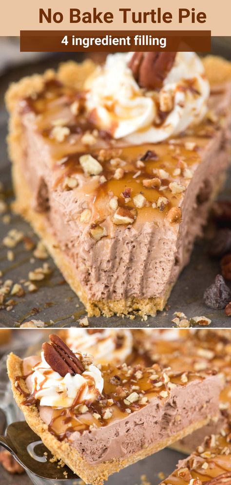 Easy to make classic turtle pie! This no bake turtle pie has a 4 ingredient filling that is creamy and rich. Add pecans, caramel and chocolate sauce and you have a quick homemade turtle pie! #turtlepie #nobakepie #thanksgivingpie #pie No Bake Turtle Pie, Turtle Pie Recipe, Spaghetti Eis Dessert, Turtle Pie, Baking Recipes Pie, Easy Dessert Recipes Quick, Thanksgiving Desserts Easy, Easy Pie Recipes, Quick Easy Desserts