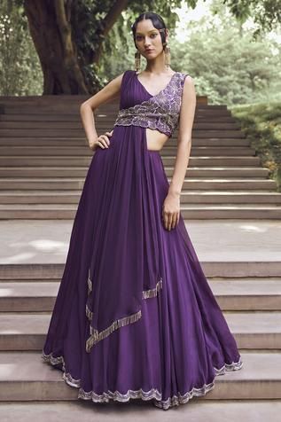 Shop for Charu and Vasundhara Purple Tussar Rupanzel Draped Jacket And Lehenga Set for Women Online at Aza Fashions Tissue Lehenga, Blouse Organza, Jacket Lehenga, Draped Jacket, Lehenga Designs Simple, Gaun Fashion, Indian Gowns Dresses, Traditional Indian Outfits, Indian Gowns