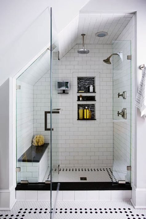 Photos via: This Old House Love the attention to detail in this stunning master bath remodel. Dat shower... Design Seed, Dekorere Bad, Bilik Air, Loft Bathroom, Attic Bathroom, Attic Renovation, Attic Remodel, Master Bath Remodel, Basement Bathroom