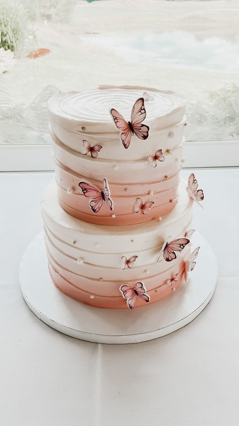 We made this 2-tiered ombré wavy butterfly cake for a bridal shower! It’s also perfect for birthdays, baptisms and baby showers! 2 Tier Birthday Cake Butterfly, Cake Designs 2 Tier Birthday, Bridal Shower Cake Decorations, Butterfly Tier Cake, Butterfly Wave Cake, Cake Designs Ombre, Butterfly Theme Cake 2 Tier, Butterfly Tiered Cake, 2 Tier Birthday Cake Ideas