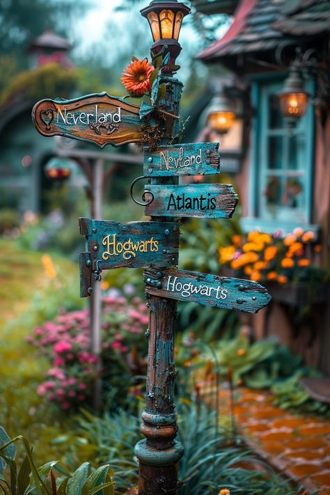 Turquoise Garden Decor, Weird Garden Ideas, Garden Art Crafts Diy, Storybook Garden Ideas, Fantasy Garden Ideas, Whimsical Outdoor Decor, Woodland Garden Ideas Enchanted Forest, Garden Art Diy Whimsical, Disney Garden Ideas