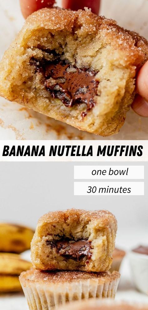 super moist banana muffins stuffed with nutella and a bite taken out so you can see the gooey inside Banana Nutella Pancakes, Banana Nutella Dessert Recipes, Nutella Banana Cake, Nutella And Banana Recipes, Light Banana Muffins, Banana Nutella Recipes, Banana Nutella Bread, Recipes With Bananas, Bananas Recipes