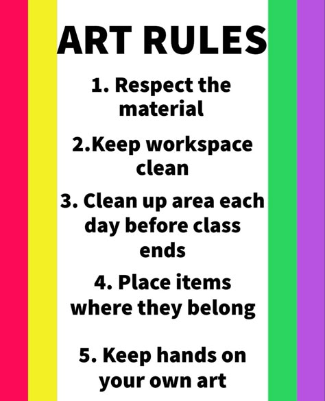 Art Room Rules Poster, Class Rules Display, Art Class Rules, Art Class Organization, Classroom Signage, Art Classroom Rules, Art Class Posters, Art Room Rules, Preschool Weekly Lesson Plans