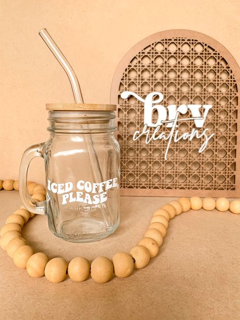 What better way to start off your day than sipping iced coffee in this cute mason jar! This mason jar is designed for those iced coffee lovers ! Design made out of permanent vinyl.  Drinkware Care: - Hand wash only - Do not soak  - Do not scrub, use a soft sponge - Not dishwasher safe - Not microwave safe This listing if for the mason jar ONLY. Lids and straws are to be purchased separately! Iced Coffee Mason Jar, Coffee Mason Jar, Mason Jar With Handle, Mason Jars With Handles, Mason Jar Glasses, Mason Jar With Straw, Custom Mason Jars, Personalized Shadow Box, Lovers Design