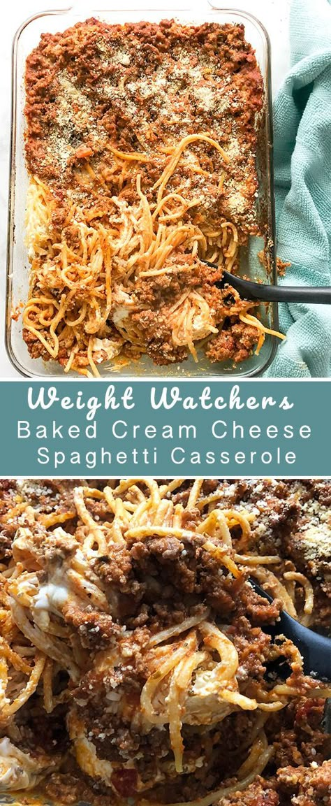 Ww Baked Spaghetti Casserole, Ground Turkey Spaghetti Casserole, Healthy Spaghetti Casserole, Easy Ww Casserole Recipes, Ww Spaghetti Recipes, Recipes With Ground Beef And Cream Cheese, Ww Recipes With Ground Beef, Easy Baked Spaghetti With Cream Cheese, Ground Turkey Cream Cheese Recipes