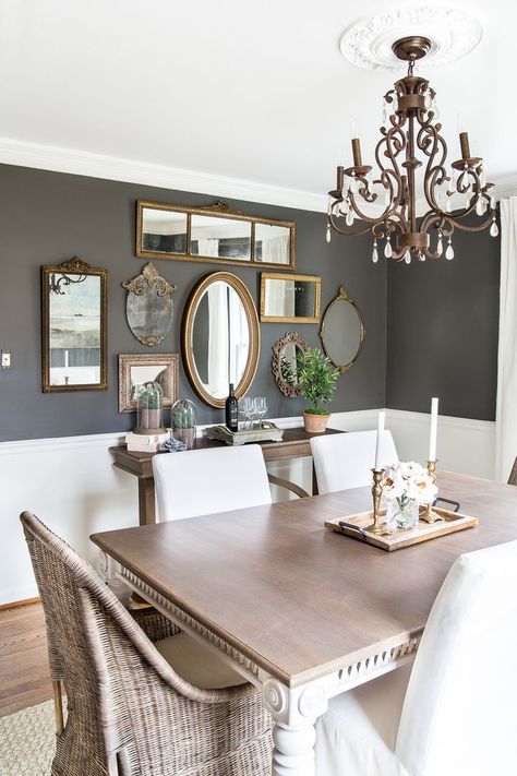 Mirror Gallery Wall Inspiration Modern Eclectic Dining Room, Dining Room Mirror Wall, Dining Room Gallery Wall, Traditional Meets Modern, Farmhouse Style Dining Room, Eclectic Dining Room, Mirror Gallery, Mirror Gallery Wall, Mirror Dining Room