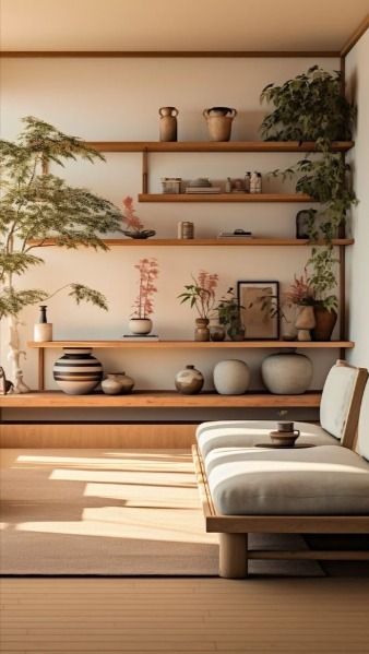 🌿 Embrace the harmony of Japandi style and the tranquility of plants at home! 🏡✨ Dive into the perfect fusion of Japanese minimalism and Scandinavian coziness with Japandi décor, while bringing the outdoors in with lush greenery. 🌱 Whether it's a sleek bamboo shelf adorned with succulents or a serene bonsai tree atop a rustic wooden table, let nature be the centerpiece of your space. 🌍💚 #Japandi #HomeDecor #PlantLove #ZenLiving #GreeneryGoals 🍃 Spanish Japanese Home, Bonsai Japandi, Mixed Woods Living Room, Japandi Shelf, Bonsai Shelf, Japandi Plants, Japanese Shelf, Japandi Style Interior Design, Coffee Table Plants