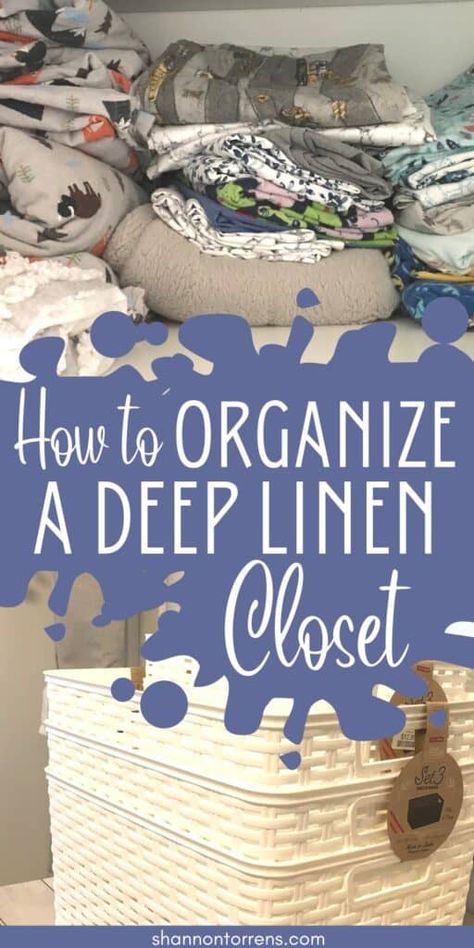 Linen Closets Ideas Hallway, Organizing Deep Closets, Deep Cupboard Organization, Deep Linen Closet, Storage Linen Closet, Linen Closet Organization Hallway, Small Linen Closet Organization, Hall Closet Organization, Linen Aesthetic