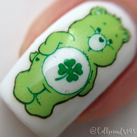 Lucky Care Bear Nails, Green Care Bear Nails, Carebear Nail Art, Care Bear Nails, St Patricks Nail Designs, Shamrock Nails, Saint Patrick Nail, Bear Nails, Bears Nails