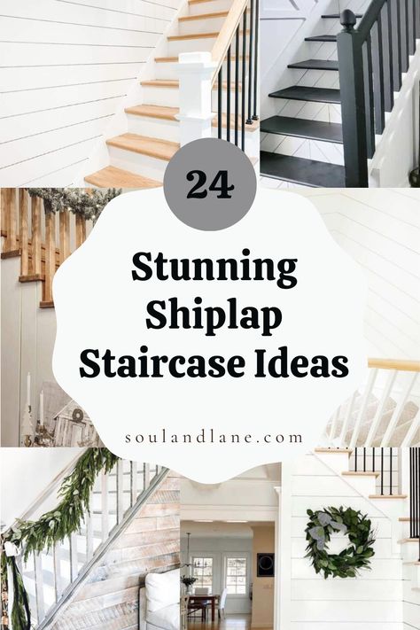 Elevate your home's aesthetic with a shiplap staircase that exudes farmhouse flair. Picture the subtle texture of shiplap panels adding depth and character to your stairwell, complemented by soft, neutral tones for a calming effect. Integrate vintage accents, like a distressed runner or antique wall sconces, to enhance the farmhouse feel. This design not only adds visual interest but also creates a cozy atmosphere, inviting you to ascend into a world where modern meets rustic in perfect harmony. Unique Stairwell Ideas, Stairs With Shiplap Wall, Farmhouse Style Staircase, Half Pace Staircase, Farmhouse Staircase Makeover, Coastal Staircase Ideas, Shiplap Stairway, Farmhouse Staircase Wall Decor, Shiplap Stairs