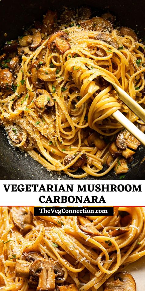 Spaghetti Carbonara Vegetarian, Vegetarian Birthday Dinner, Vegetarian Carbonara Pasta, Healthy Carbonara Recipe, Veggie Carbonara, Mushroom Carbonara Pasta, Cabonara Recipes, Mushroom Pasta Recipes, Vegetarian Carbonara