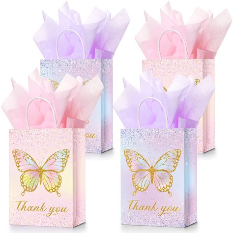 PRICES MAY VARY. Butterfly Party Supplies: you will get 16 pieces of glitter butterfly paper bags with handles and 16 pieces of tissue paper in pink and purple, 8 pieces for each color, which are enough for your party decoration Glitter Butterfly Theme: these butterfly goodie bags are exquisitely designed in 2 styles, namely glitter pink flowers and purple flowers, matched with elegant pink gold and purple gold butterflies, as well as tissue paper; The wonderful color combination can create a go Baby Shower Color Themes, Butterfly Party Favors, Butterfly Theme Party, Pink Purple Flowers, Butterfly Birthday Party, Glitter Butterfly, Papillon Rose, Butterfly Baby Shower, Floral Rosa