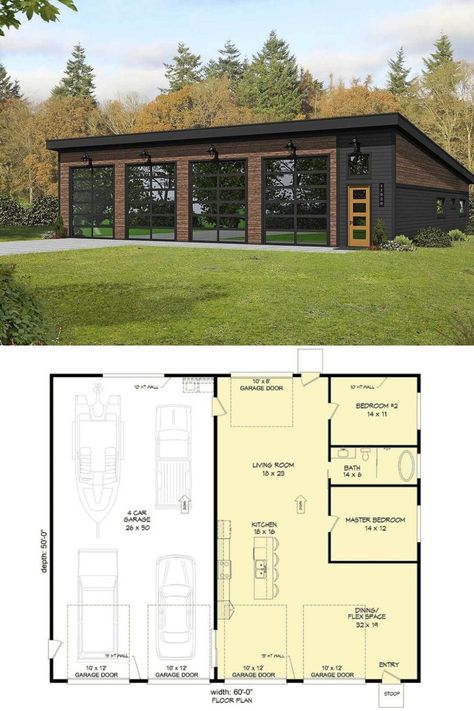 Carriage House With Rv Garage, Single Story Carriage House Plans, 2 Bedroom Single Story House Plans, 2 Bedroom House Plans With Garage One Story, One Story Two Bedroom House Plans, Garage 4 Car, Two Story Garage Plans, Modern Carriage House Plans, Rv Carriage House Plans