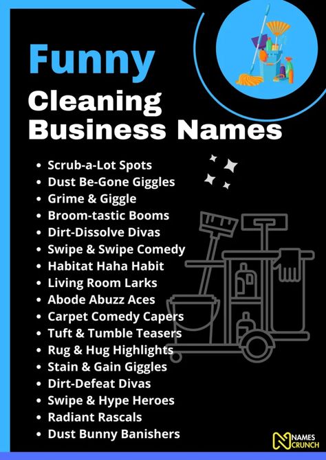 Brighten up your day with a dose of humor by checking out our latest pin featuring some of the funniest cleaning business names out there! From 'Dust Bunnies Beware' to 'Grime Busters', these clever and quirky names will not only make you chuckle but might even inspire you to start your own cleaning business. After all, a bit of humor can make any task, even cleaning, a lot more enjoyable. So why not take a break, have a laugh, and maybe even find a spark of inspiration? Check out the pin now! Unique Cleaning Business Names, Cleaning Company Names Ideas, Cleaning Business Names Ideas, Cleaning Business Names, Cleaning Service Names, Cleaning Company Names, Need A Laugh, Cleaning Challenge, Username Ideas