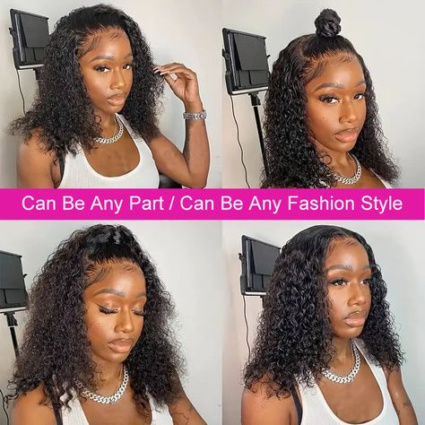 Brazilian Deep Wave Lace Front Wig Wet And Wavy Lace Frontal 100% Human Hair Wigs For Black Women How To Style Short Curly Wig, Curly Hairstyle Wig, Short Curly Wig Styles, Short Curly Wig Hairstyles, Wig Hacks, Dinner Hair, Curly Bob Wig, Short Curly Wig, Curly Styles