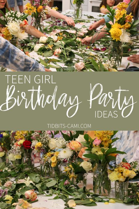 How to teach kids and teens about arranging flowers, great birthday party idea for teenage girls. #birthdayparty #partyideas #camitidbits Teenage Garden Party, Birthday Ideas For 15th Girl, Birthday Party 10 Girl, Girls 15th Birthday Party Ideas, Birthday Ideas For Teenage Girl, 15 Year Girl Birthday Party Ideas, 13th Birthday Ideas For A Girl, 13 Girl Birthday Party Ideas, Teenage Girl Party Ideas