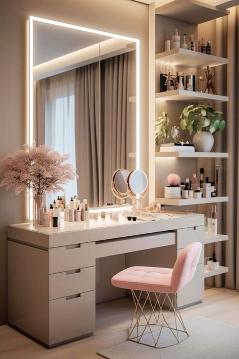 Dream Dressing Table, Vanity Tables In Bedroom, Makeup Table Vanity Bedrooms, Bedroom Make Up Corner, Dresser Table Ideas, Dresser Design With Mirror, Dressing Table Organisation Ideas, Vanity Room Ideas Inspiration, Makeup Station In Bedroom