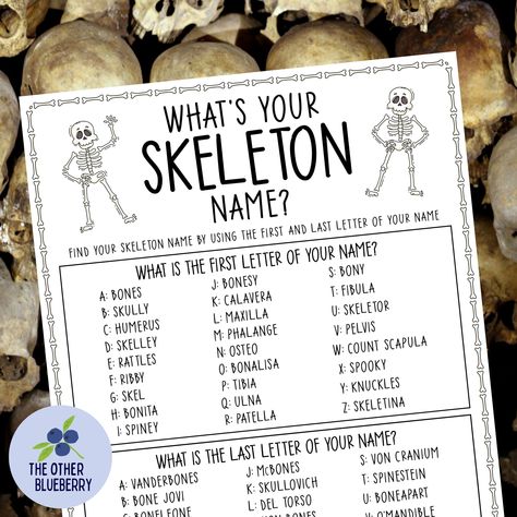 No bones about it... this "What's Your Skeleton Name?" game is the perfect addition to any Bad 2 the Bone party, Halloween party, or just for fun!  Names like Pelvis Bonesley and Skully Skellington  are sure to be a hit!  This download includes a matching 8.5" x 11" sign and nametags, too! WHAT'S INCLUDED This download includes 3 high-quality, (300 DPI) 8.5x11 inch pages:  - Page 1: Game sheet  - Page 2: 8 Nametags (4.25 x 2.75 in) Print on full sheet sticker paper or cardstock  - Page 3: Sign Skeleton Theme Party, Skeleton Names, Skeleton Games, Fun Names, No Bones About It, Fun Halloween Party Games, Halloween Names, Skeleton Bones, Name Games