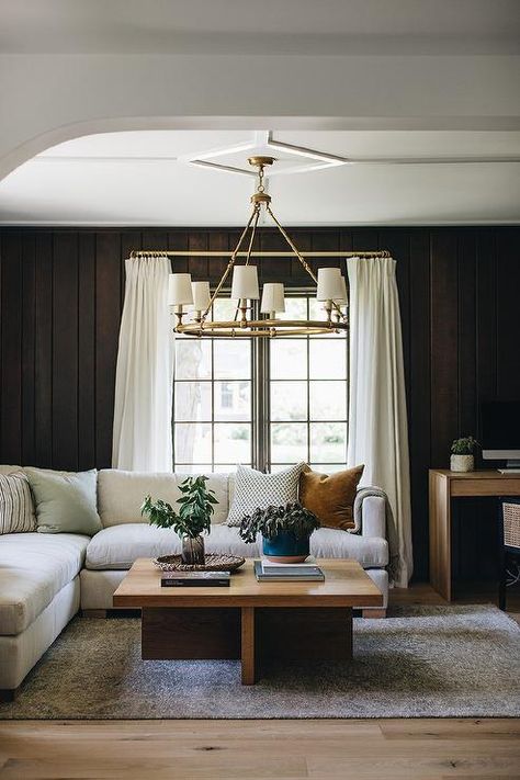 Mix Wood Tones, Jean Stoffer, Dark Brown Walls, Modern Tudor, Tudor Style Homes, Ceiling Detail, Plank Walls, Transitional Living, Brown Walls