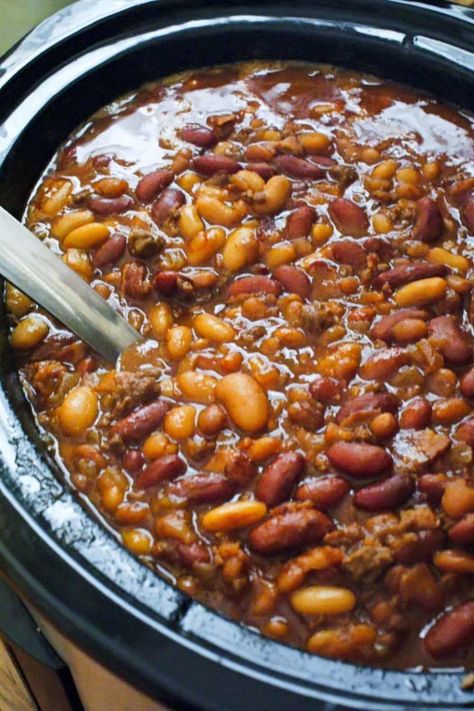 Best Ever Cowboy Beans, Recipe For Cowboy Beans, Sides To Go With Tri Tip, Cowboy Beans Crockpot, Crockpot Cowboy Beans, Crockpot Sauce, Cowboy Beans Recipe, Beans Recipe Crockpot, Cowboy Baked Beans