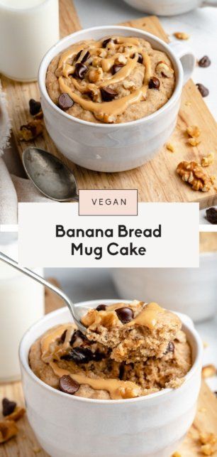 Vegan Banana Mug Cake (made in 5 minutes!) | Ambitious Kitchen Microwave Banana Bread, Banana Bread Mug Cake, Mug Cake Vegan, Jessica In The Kitchen, Banana Bread Mug, Banana Mug Cake, Vegan Mug Cakes, Mug Cake Microwave, Dairy Free Chocolate Chips