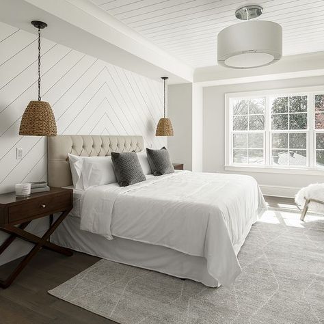 Bedroom with diagnonal shiplap accent wall and v groove ceiling The diagonal shiplap accentuates the recessed bed wall. If the shiplap isn't enough, we also put V-groove on the tray ceiling inset #Bedroom #diagnonalshiplap #shiplapaccentwall #shiplap #accentwall #vgroove Diagonal Shiplap, V Groove Ceiling, Latest False Ceiling Designs, Groove Ceiling, Shiplap Accent Wall, V Groove, Bedroom Accent, Accent Wall Bedroom, Farmhouse Bedding