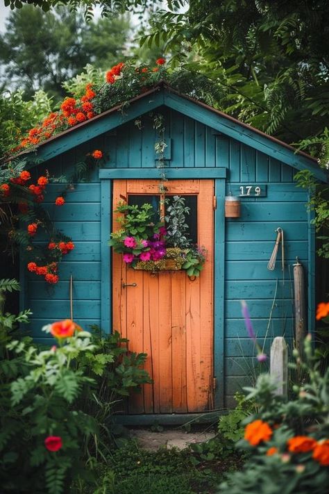 Bright Shed Colors Ideas to Enhance Your Backyard Pretty Sheds Backyards, Garden Shed Ideas Painted, Exterior Shed Ideas, Outdoor Shed Color Ideas, Shed Paint Colors Exterior, Pretty Garden Shed, Painted Shed Ideas, Allotment Shed Ideas, Garden Shed Paint Ideas