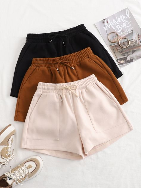 3pcs Slant Pocket Tie Waist Shorts Shorts Flatlay, Retail Photography, Clothing Photoshoot, Eminem Rap, 2024 Wishlist, Women Bottoms, Tie Waist Shorts, Trendy Outfits For Teens, Tomboy Outfits