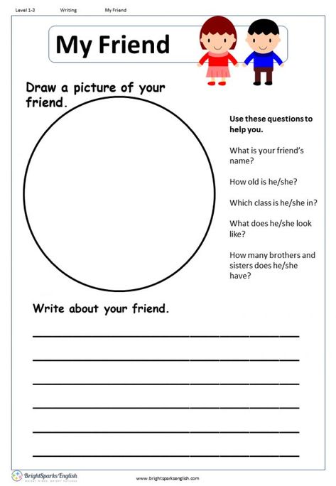 Best Friend Writing, I Worksheet, Creative Writing Worksheets, English Creative Writing, Greeting Sign, Friends Book, Reading Comprehension Lessons, Elementary Learning, Kids Story